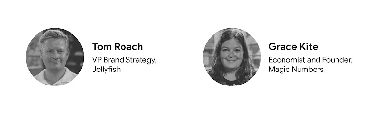 Two circular headshots in black and white, with accompanying names, job titles and company. On the left: Tom Roach, VP Brand Strategy at Jellyfish. On the right: Grace Kite, Economist and Founder at Magic Numbers.