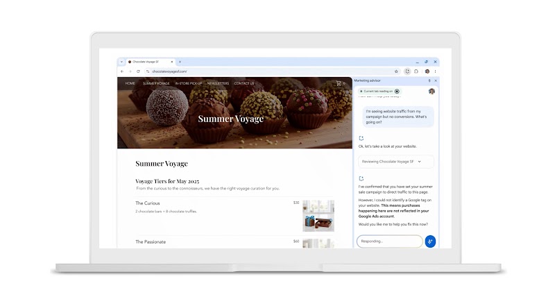 A screen capture of Google’s Marketing Advisor tool in action. Appearing in the sidebar of a chocolate company’s website, users can ask the Marketing Advisor questions and get tips for managing their marketing tasks.