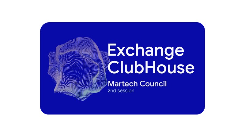 Logo do Exchange ClubHouse Martech Council em branco, sobre um fundo azul.