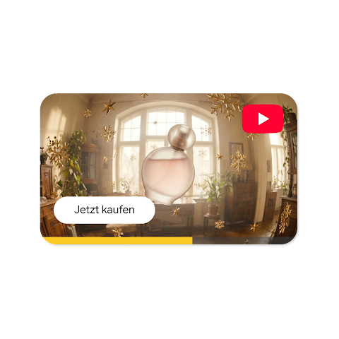 Eine YouTube-Videoanzeige für einen hellrosa Parfümflakon mit dem Button „Jetzt kaufen“.
