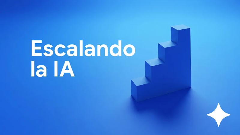  Imagen con fondo azul que muestra una escalera geométrica de bloques en 3D. A la izquierda aparece el texto "Escalando la IA" en letras blancas. En la esquina inferior derecha resalta un ícono de una estrella de cuatro puntas blanca.