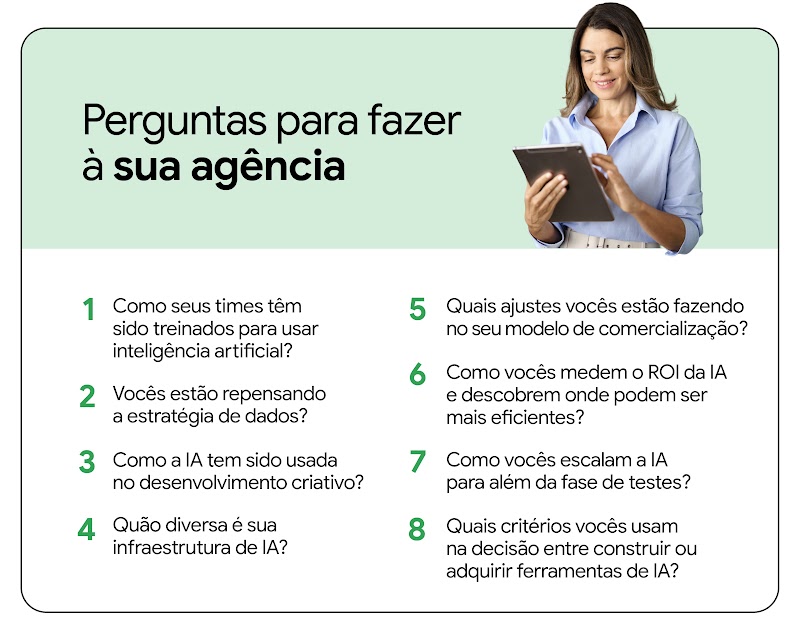 Ilustração mulher olhando uma prancheta  com sugestão de perguntas para fazer à sua agência em relação ao uso e implementação de IA.