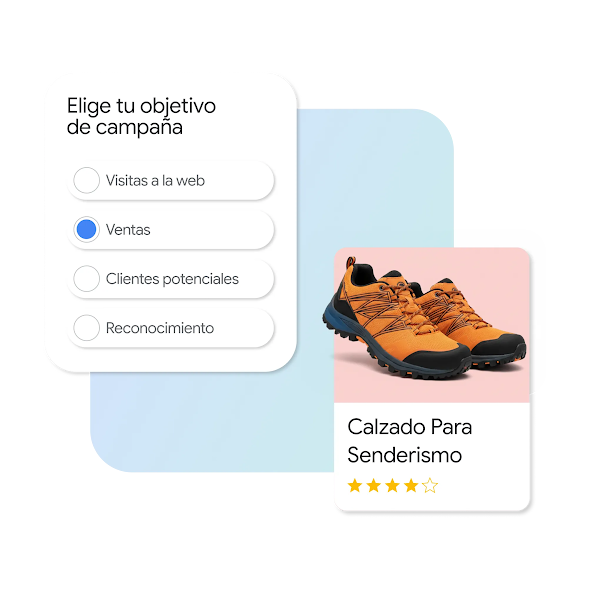 Texto alternativo: Interfaz de usuario estilo tarjeta titulada “Selecciona el objetivo de tu campaña” que muestra cuatro opciones: Visitas al sitio web, Ventas, Clientes potenciales y Reconocimiento. La opción “Ventas” está seleccionada con un botón azul..  A la derecha, una tarjeta de producto presenta un par de zapatos de senderismo de color naranja con una calificación de 4 estrellas y el texto "Zapatos de senderismo".