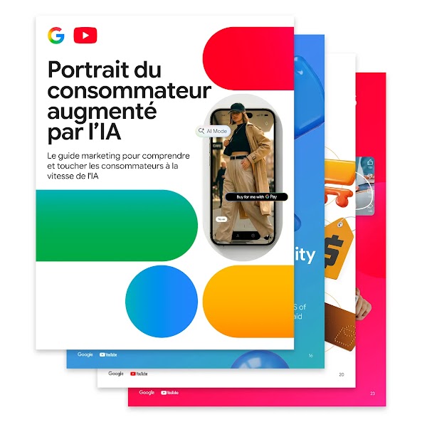 La couverture de "Portrait du consommateur augmenté par l’IA" comporte les logos Google et YouTube au-dessus du titre, et est décorée de formes de capsules dans les couleurs primaires.