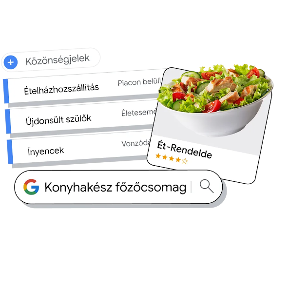 Egy salátástál képe egy hirdetésben, alatta az „azonnal megeheted” felirattal. A kép mellett egy keresősáv található, amelyen a „szakácskönyv” kifejezés szerepel. Ezután egy közönségjelző panel következik, amelyen az „ételkiszállítási szolgáltatások”, a „különleges alkalmakra szánt desszertek” és az „ínyencek” lehetőségek közül lehet választani. 