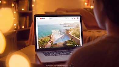 A woman watching a YouTube video of a content creator speaking on a laptop in a cozy, softly lit room