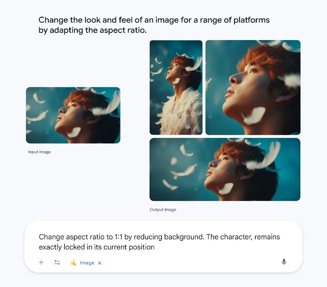 An input image of a person surrounded by feathers with a prompt to “change aspect ratio” generates three versions in different sizes.