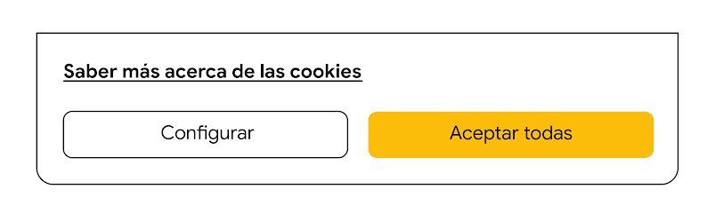 Versión desktop de los botones de la anterior versión del banner de consentimiento de cookies de Flat 101 con las opciones de Saber más, configurar o aceptar todas las cookies.
