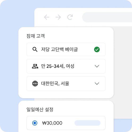 잠재 고객과 일일예산을 설정하는 캠페인 화면, 저당 고단백 베이글, 만 25-34세 여성, 대한민국 서울, 일일예산 30,000원