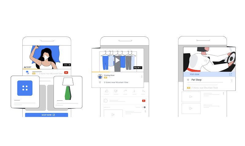 Un anuncio de servicios locales que se puede omitir, que se reproduce en YouTube, y que incluye los artículos en oferta. , Anuncio de video de una tienda de ropa que destaca la parte que aparece debajo del video. , Un anuncio de una empresa local que se reproduce en YouTube.