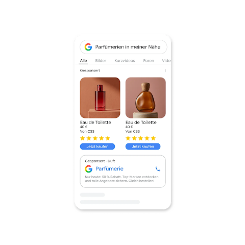 Auf dem Display eines Smartphones ist die Google Suche zu sehen. Die Suchanfrage lautet: „Parfümerien in meiner Nähe“. In den Suchergebnissen werden Anzeigen für Parfüms mit Namen, Preisen und 5-Sterne-Bewertungen sowie eine Karte mit der Telefonnummer einer Parfümerie angezeigt.