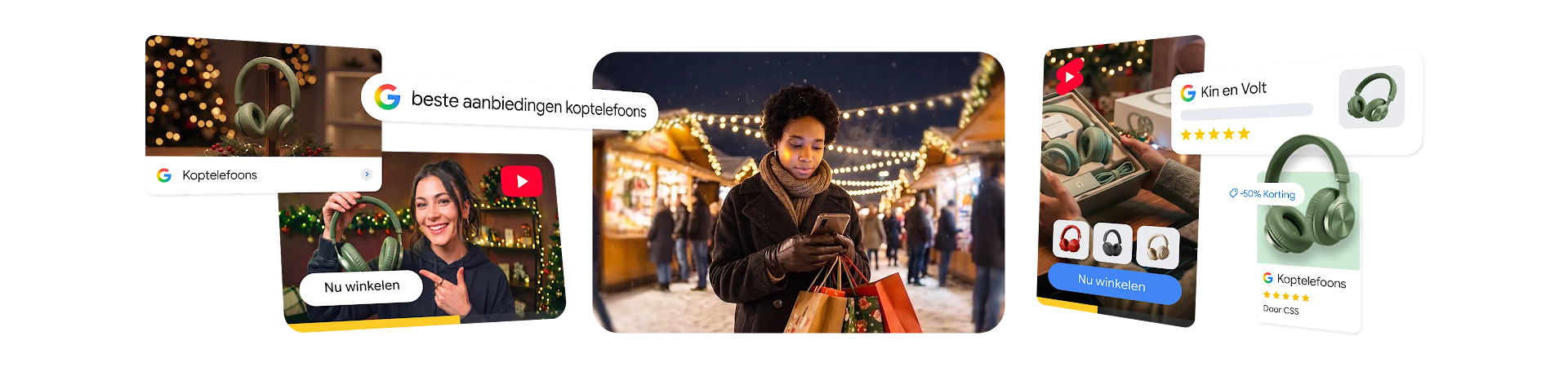 Een digitale collage die een winkelreis tijdens de feestdagen illustreert, met een persoon die een smartphone gebruikt op een wintermarkt, omringd door een Google-zoekbalk met de tekst: "Beste koptelefoonaanbiedingen", YouTube, YouTube Shorts en Google Shopping-advertenties voor groene koptelefoons.
