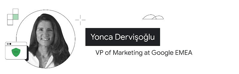 Imagen de primer plano de Yonca Dervişoğlu, vicepresidenta de Marketing de Google en EMEA. Tiene un tono de piel intermedio y pelo castaño hasta los hombros. Lleva collares y una blusa blanca.