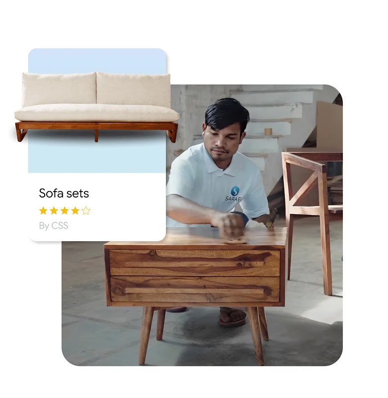 A man working on handmade wooden furniture in a workshop setting, paired with a digital product listing for "Sofa sets." This highlights the connection between traditional craftsmanship and online furniture shopping.
