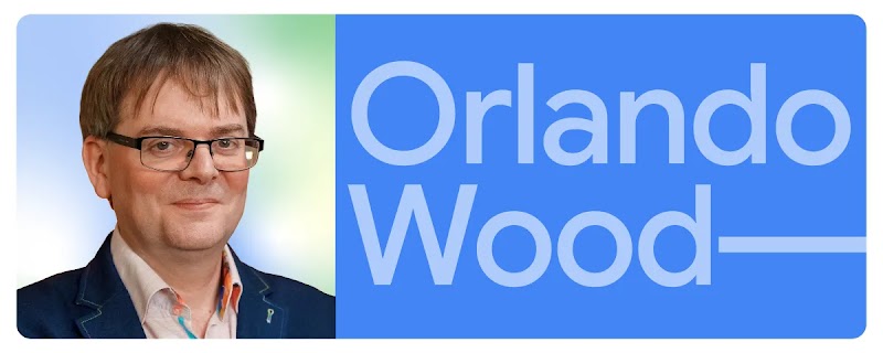 A headshot of Orlando Wood, author and Chief Innovation Officer at System1 Group. To the right, against a pale blue background, his name is spelt out in a font of paler blue.