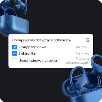 Obraz niebieskich słuchawek z dwiema zaznaczonymi etykietami Sygnałów odbiorców: „Zakupy sezonowe", „Elektronika" oraz niezaznaczonym sygnałem odbiorców „Uroda i wellness".