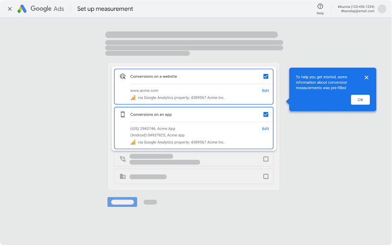 Google Ads conversion set-up page showing web and app conversion selections in a dialog box.