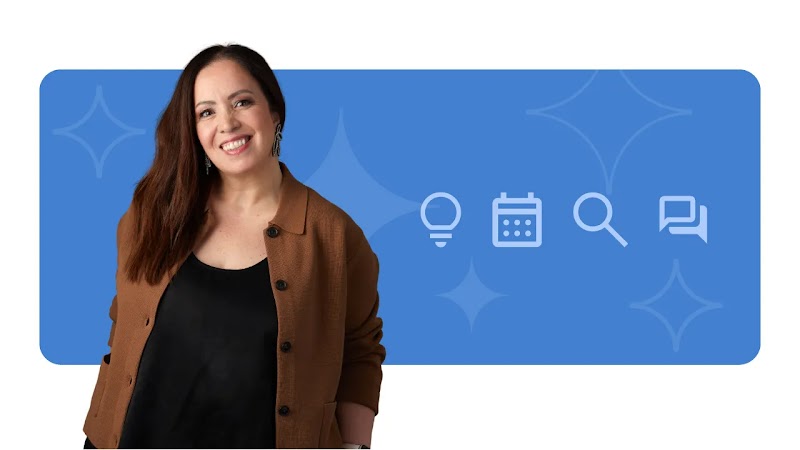 Una mujer sonriente de cabello castaño largo y chaqueta café sobre un fondo azul. A la derecha, íconos en color claro de una bombilla, un calendario, una lupa y burbujas de diálogo, acompañados por destellos en el fondo. La imagen no contiene texto.
