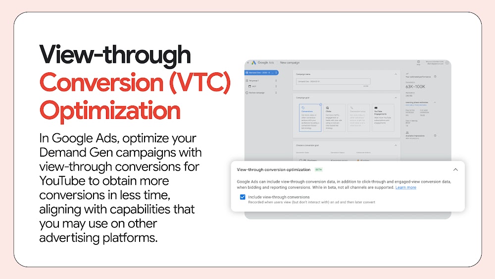 Google Ads interface displaying the View-through conversion optimization solution.