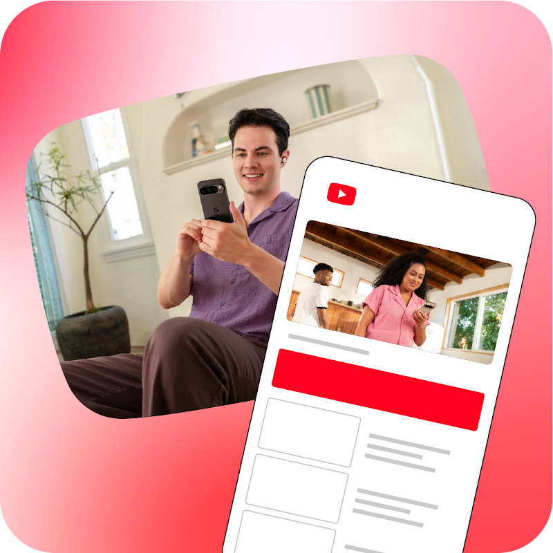 We see an image of a man on his phone smiling as well as a view of what he is looking at, a YouTube page with a woman also looking at her phone and a man behind her smiling