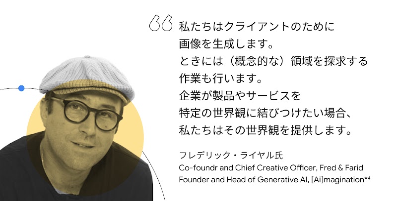 私たちはクライアントのために画像を生成します。ときには（概念的な）領域を探求する作業も行います。企業が製品やサービスを特定の世界観に結びつけたい場合、私たちはその世界観を提供します。フレデリック・ライヤル氏（Co-foundr and Chief Creative Officer, Fred & Farid Founder and Head of Generative AI, [Ai]magination）