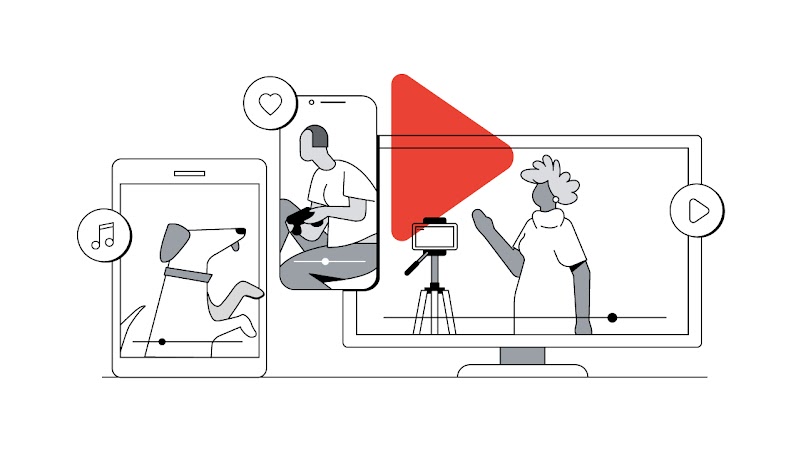 Um tablet, um celular e uma televisão mostram um cachorro, uma pessoa jogando videogame e uma mulher filmando conteúdo para o YouTube.