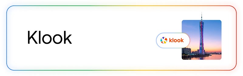 The name of travel brand Klook appears next to the Klook rainbow globe logo and a sunset photo of a tower next to a pier and a city harbor. A rainbow-colored line borders the image.