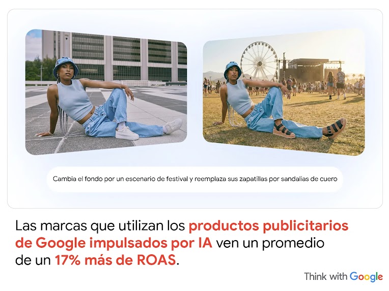 A la izquierda, una mujer con jean y sombrero azul, con zapatillas, posa mirando la cámara en una ciudad desierta. A la derecha, la misma mujer con sandalias negras y, de fondo, un festival.