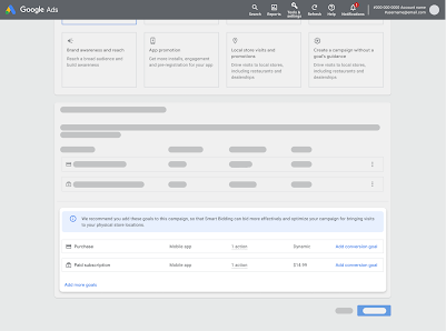 Google Ads campaign construction flow with in-product nudge UI