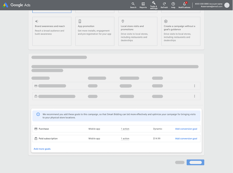 Google Ads campaign construction flow with in-product nudge UI