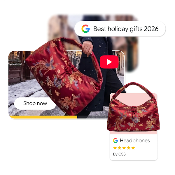 A digital collage illustrating a holiday shopping journey for a red embroidered handbag, featuring a Google search bar for "Best holiday gifts 2026", a YouTube video snippet with a "Shop now" button, and a 5-star Google Shopping product card.