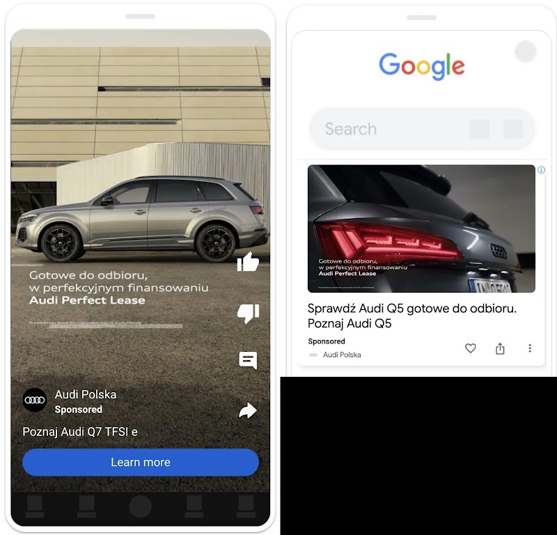Full screen immersive ad for an Audi car on YouTube, Google homepage with an Audi advertisement placed directly below the search bar, featuring a sleek, dark-colored Audi sedan.