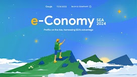 Backpacker on a mountain summit points to words in the sky reading 'e-Conomy SEA 2024, Profits on the rise, harnessing SEA’s advantage,' highlighting report insights on digital marketing to drive growth through understanding SEA’s online consumers.