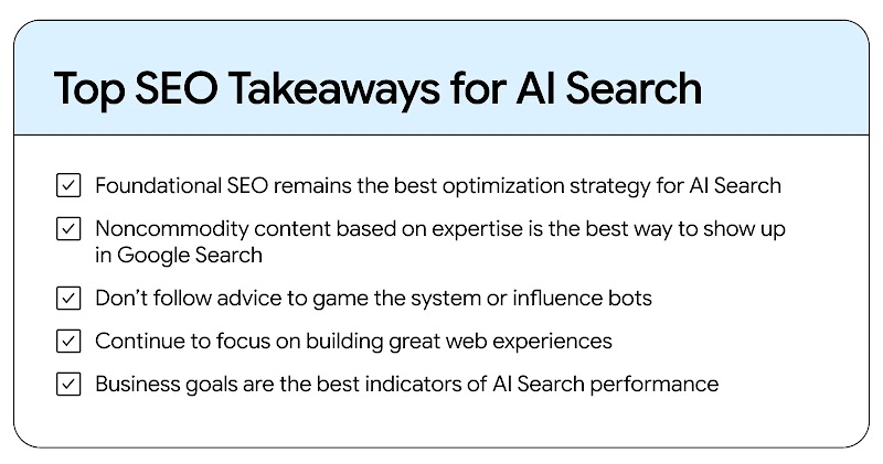  AI Search SEO takeaways: SEO is the best optimization strategy. Noncommodity, expert content helps you appear in Google Search. Don’t game the system or bots. Focus on great web experiences. Business goals are the best indicators of AI Search performance.