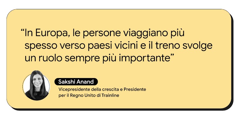 Un'immagine che mostra la citazione: "Gli europei viaggiano sempre più spesso verso i paesi vicini e la ferrovia gioca un ruolo sempre più importante." – Sakshi Anand, Vicepresidente della Crescita e Presidente del Regno Unito, Trainline.