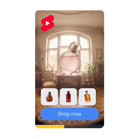 A YouTube Shorts video Ad for a perfume showing a carousel of 3 products and a button saying: Shop now.