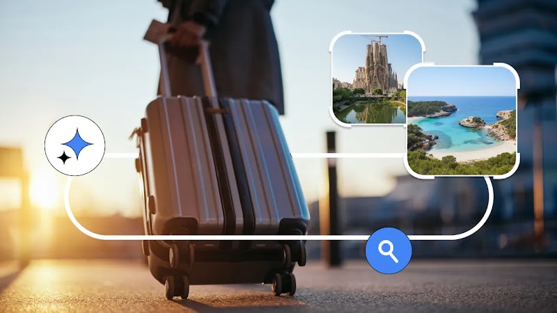 Persona con maleta en un aeropuerto al atardecer. Sobre la imagen, iconos de IA y búsqueda conectan con fotos que simulan anuncios de Google Ads de la Sagrada Familia y una cala, destacando la publicidad digital de viajes.