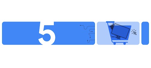 Un carrito de comprar en color azul tiene en su interior un televisor grande, un mouse y un teclado de computadora.