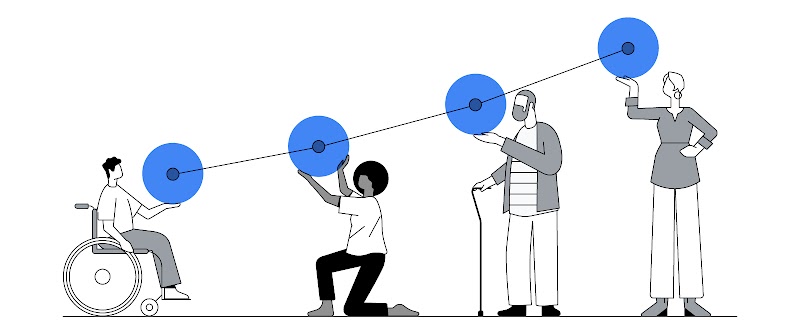 Un'illustrazione mostra un uomo in sedia a rotelle, una donna nera, un uomo anziano con un bastone e una donna bianca.