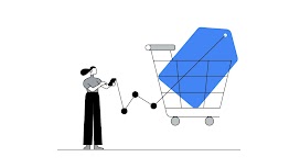 A woman using her phone with a line graph connecting it to a price tag in a shopping cart, representing how retailers can reach customers effectively with a balanced retail marketing strategy.