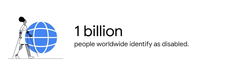 A Black woman, wearing a white dress and an above-the-knee prosthesis, walks with crutches in front of a blue globe.