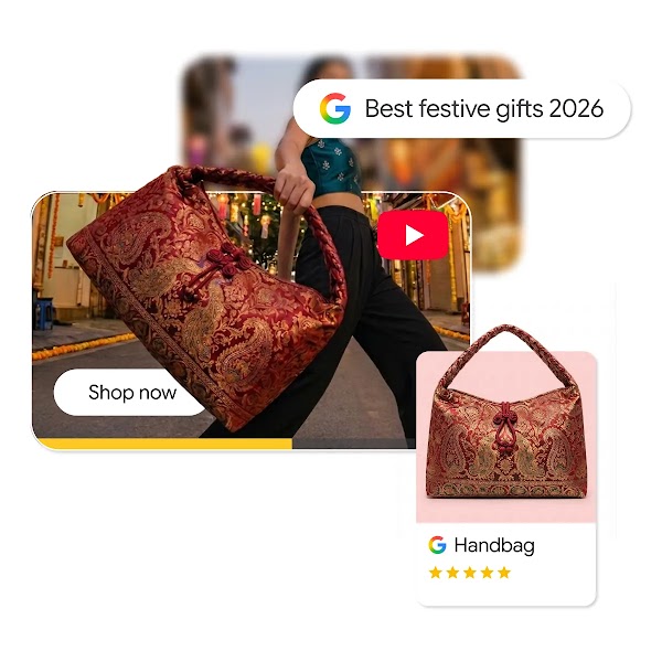 A woman walking in a festively decorated street holding a red and gold embroidered paisley handbag, overlaid with a Google search bar for "Best festive gifts 2026" and a product listing card.