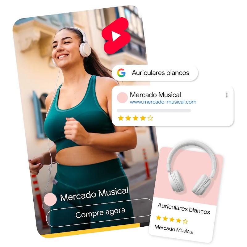 Gráfico que ilustra una experiencia de compra en YouTube Shorts. A la izquierda, una mujer con ropa deportiva azul trota al aire libre mientras usa auriculares blancos. Los elementos flotantes de la IU a la derecha muestran una búsqueda de Google de "auriculares blancos" y un anuncio de búsqueda de "Music Market" con una calificación de 4 estrellas, en el que se muestran los auriculares a la venta. 