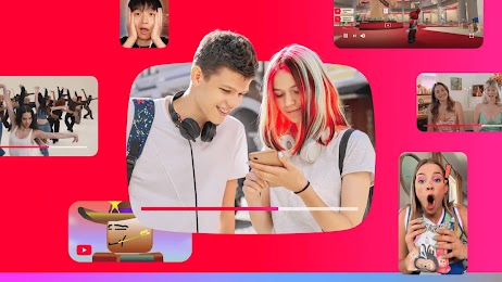 Two teens watch a YouTube video on a phone. Screenshots from a variety of creator videos surround them in screen-shaped bubbles.