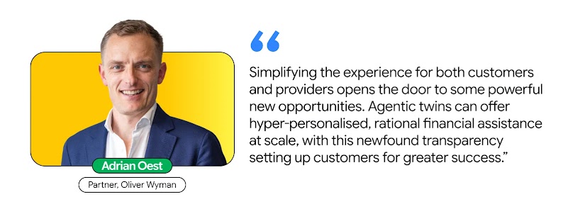 Image featuring the headshot of Oliver Wyman's partner Adrian Ost against a bright yellow rounded rectangle background. On the right side of his photo, below the blue quotation marks, is this quote: "Simplifying the experience for both customers and providers opens the door to powerful new opportunities. Agenttic Twin can deliver highly personalized and streamlined financial assistance at scale, and this new transparency sets customers up for greater success."