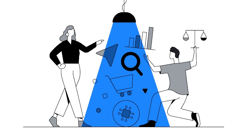 Uma mulher e um homem estão ao redor de uma luminária. No destaque da luz projetada por ela, estão uma lupa, um carrinho de compras e uma seta. Agachado, o homem segura em uma mão um gráfico e em outra, uma balança.