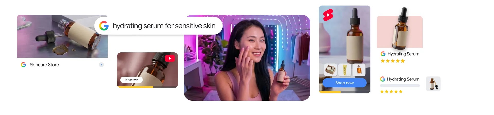 A collage featuring a woman applying skincare serum, surrounded by Google Search, YouTube Short, and product listing ads for hydrating serum for sensitive skin.
