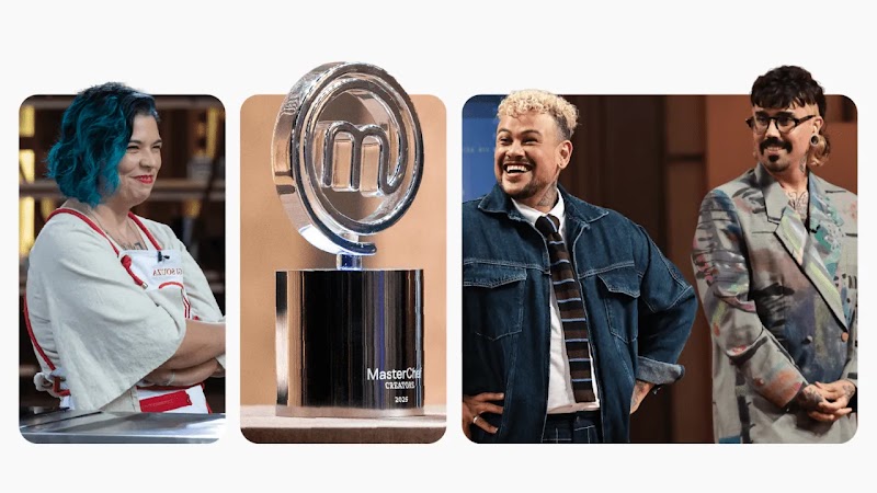 Imagem com Gi Souza, criadora do canal Receitas de Minuto, e os criadores do canal Diva Depressão; entre eles, o troféu do programa, em que se lê: MasterChef Creators 2025.
