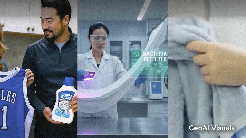 A composite of AI-generated  images show a man holding a bottle of laundry additive, a scientist scanning fabric for bacteria, and a hand holding a towel.
