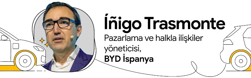 BYD İspanya'da pazarlama ve halkla ilişkiler yöneticisi olan Íñigo Trasmonte ve bir araba çizimi